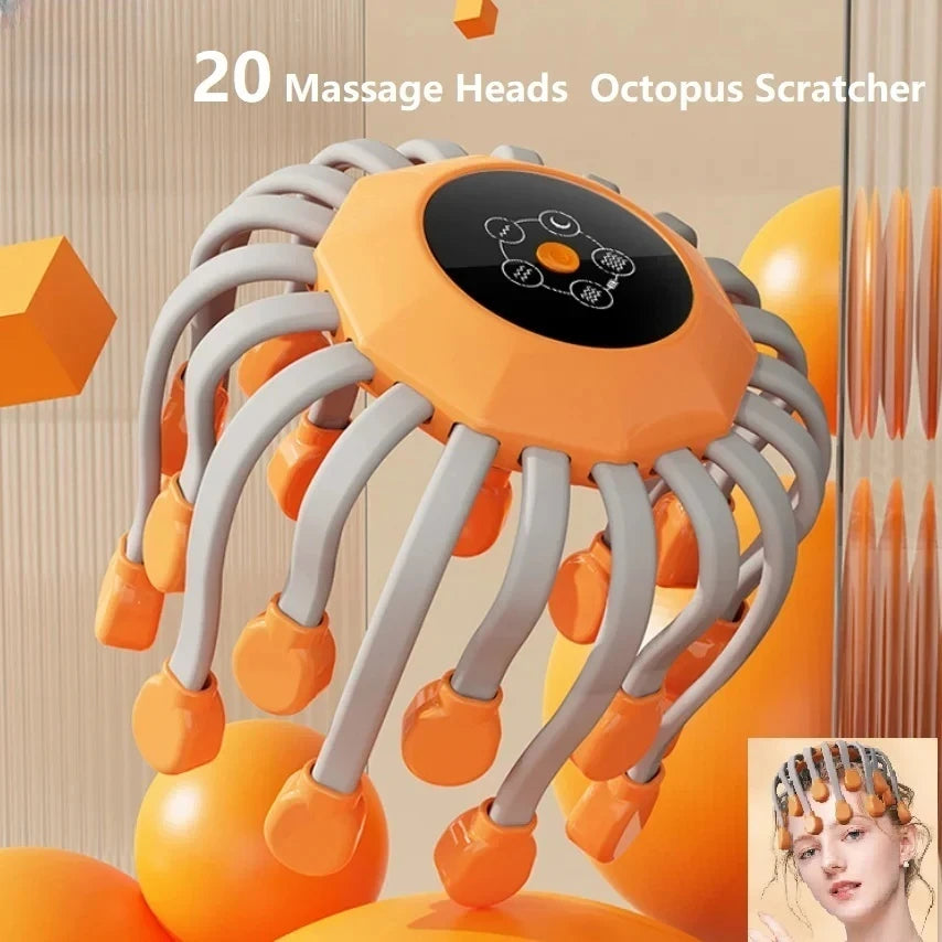 20-Head Vibrating Scalp Massager – Orange Red-Light Octopus Scratcher