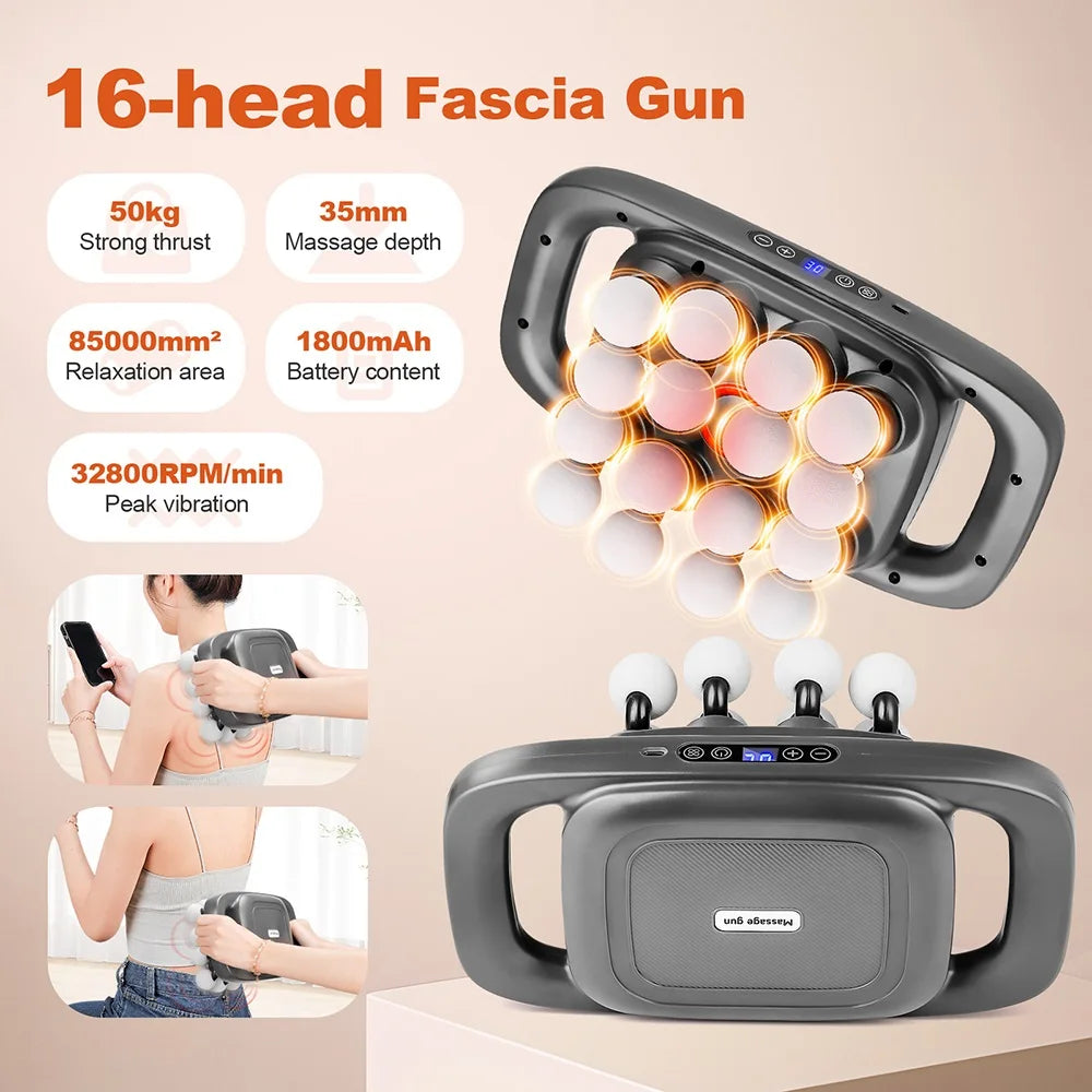 16-Head Fascia Massage Gun – High-Frequency Muscle Relief Massager