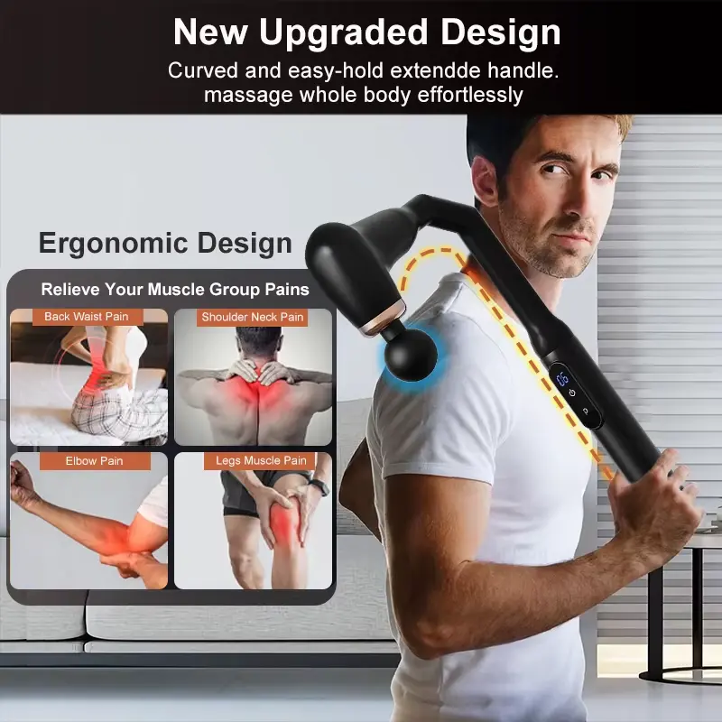 Massage Gun with Extended Handle – 6 Speeds & 4 Heads