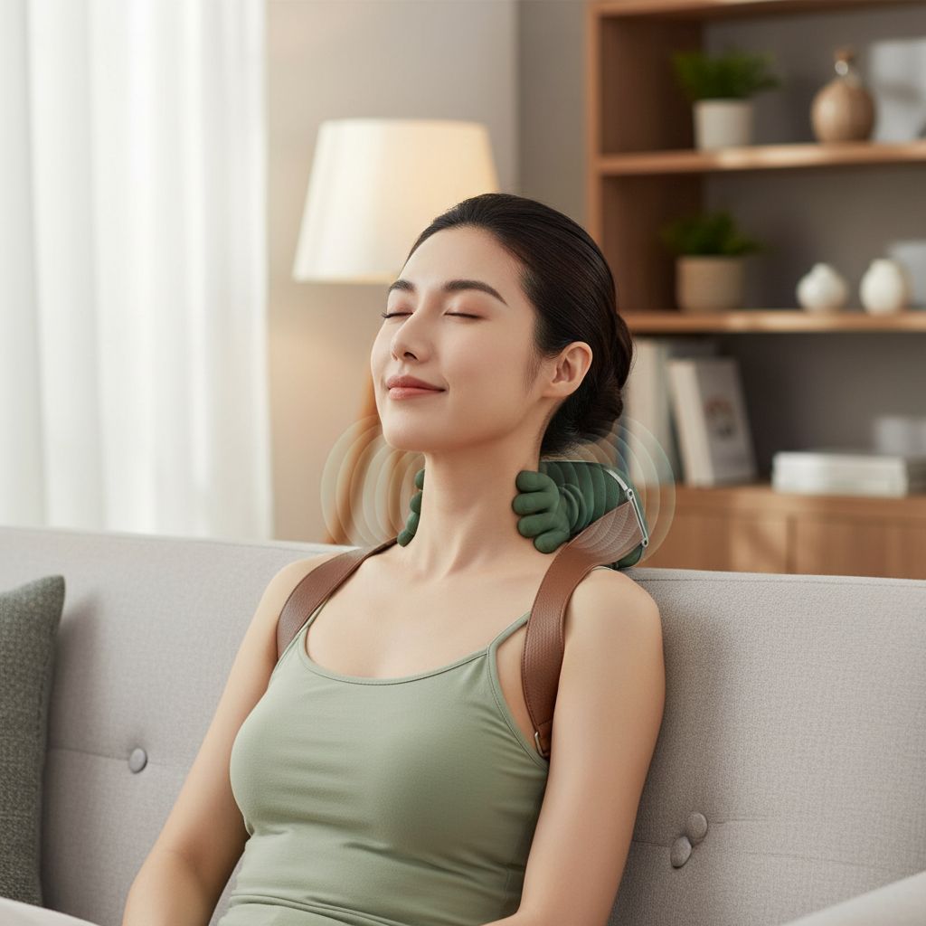 Close-up of heated Shiatsu massage pillow showing rotating massage nodes and soft fabric cover