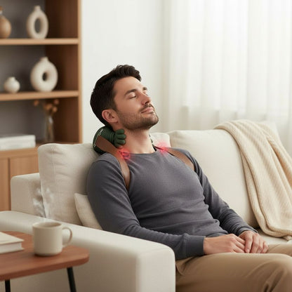 Woman using Electric Neck and Back Massager Pillow with Heat for comfort and relaxation